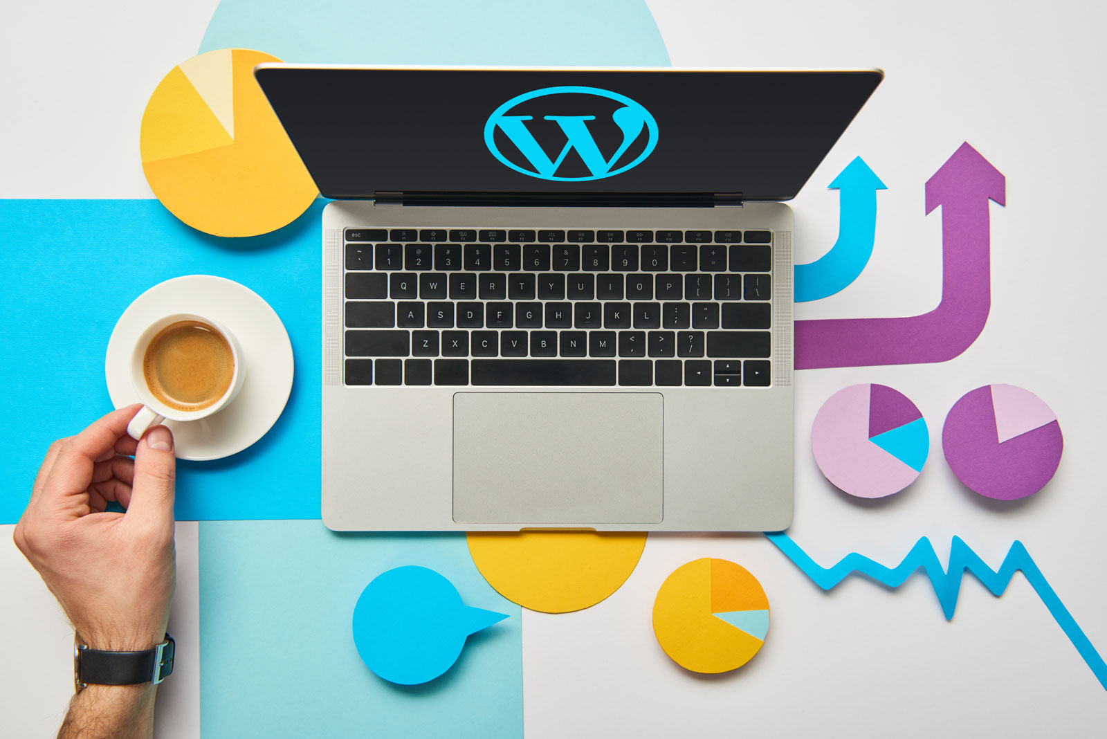 A MacBook Pro with a WordPress logo surrounded by graphs for decoration.