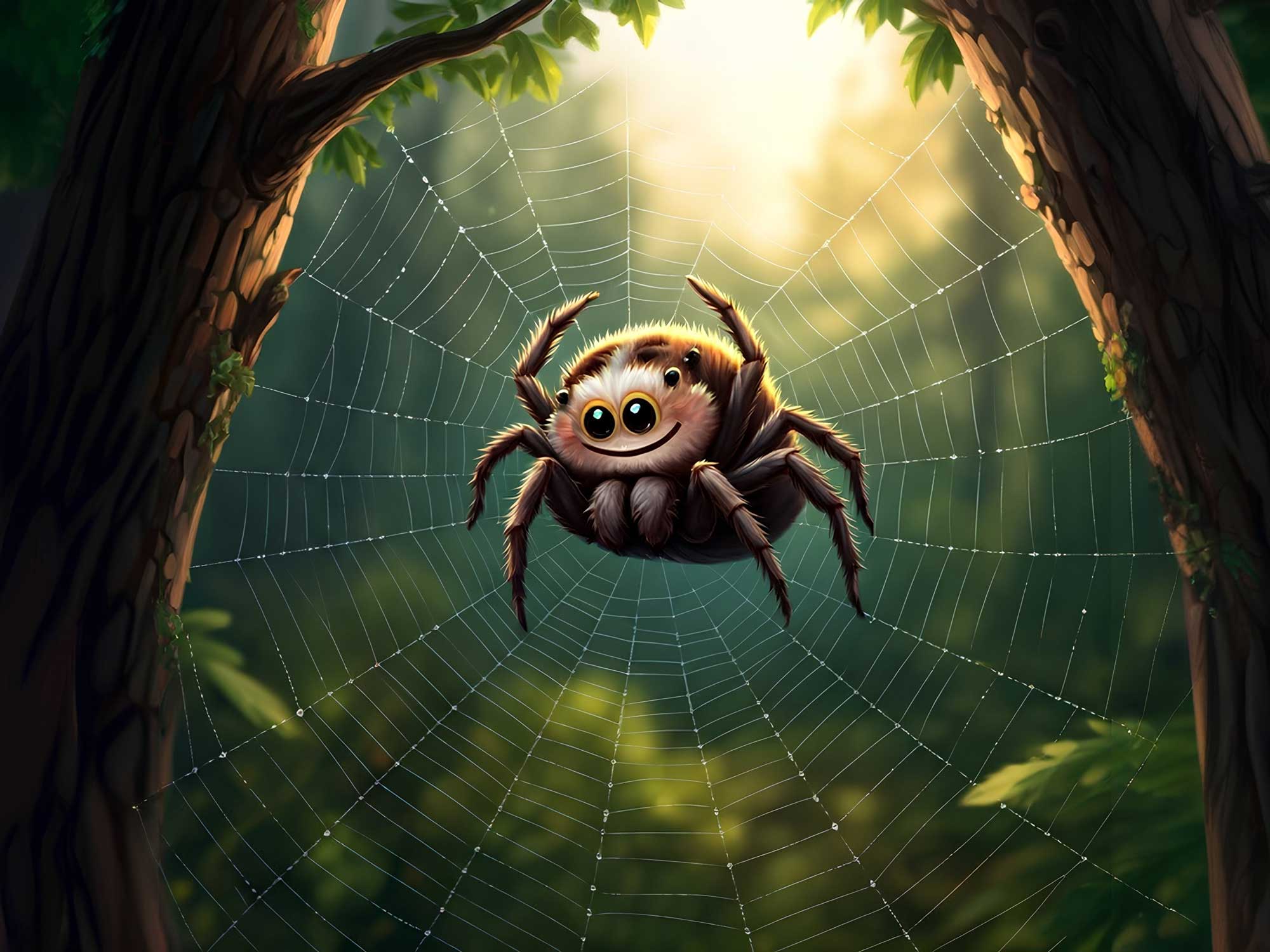 A cute fluffy spider handing from it's web in a forest at dawn.