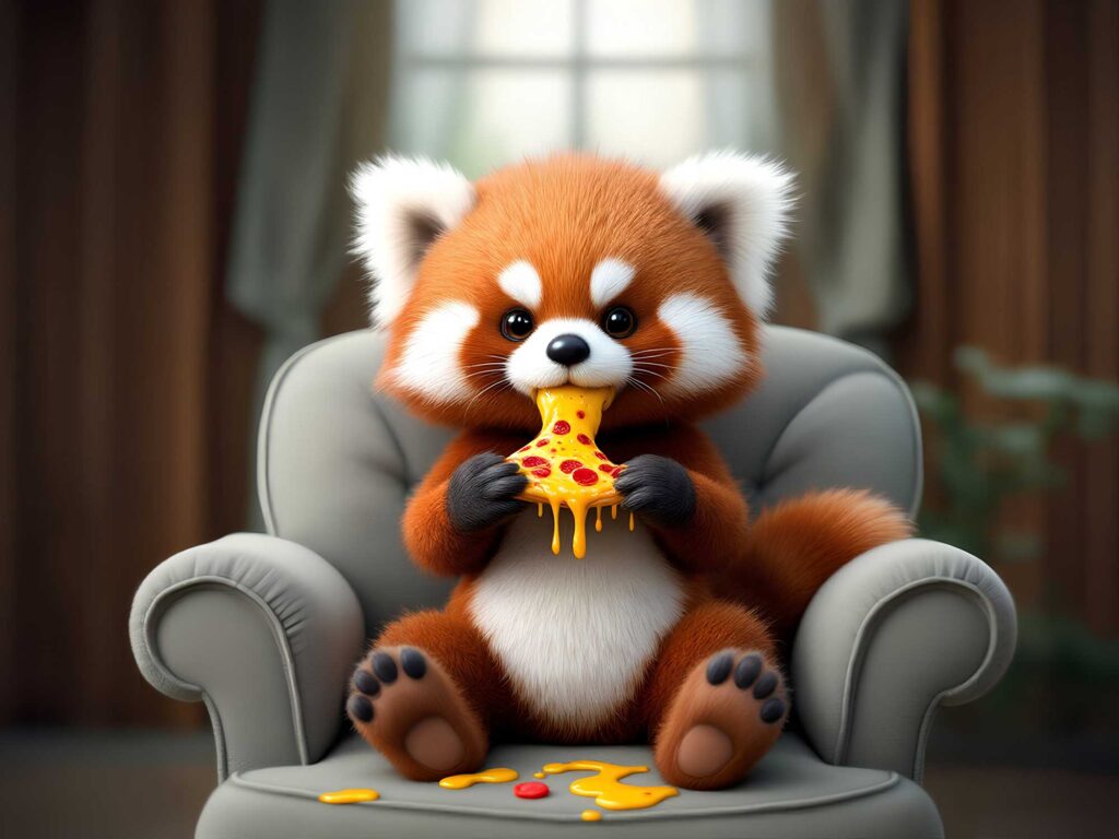 A fluffy red panda sitting in an armchair eating pizza dripping with cheese. A play on words for Google E-E-A-T.