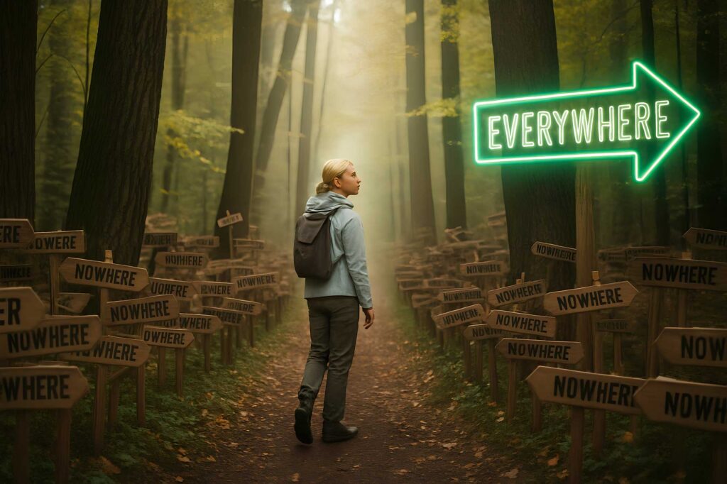 A young blonde woman winders through a forest path looking for her destination. The path is laden with old signs pointing nowhere, until she sees a bright neon sign pointing to everywhere. This is a play on how AI search will help users find your website in a labrynth of others.
